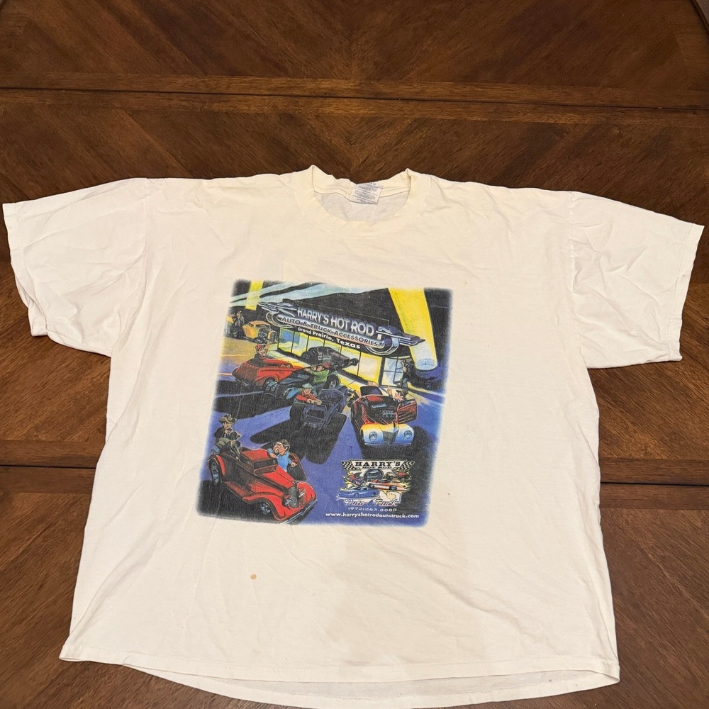 Vintage Jerzees Harrys Hot Rod Texas Graphic T-Shirt 2XL White Car Truck Promo